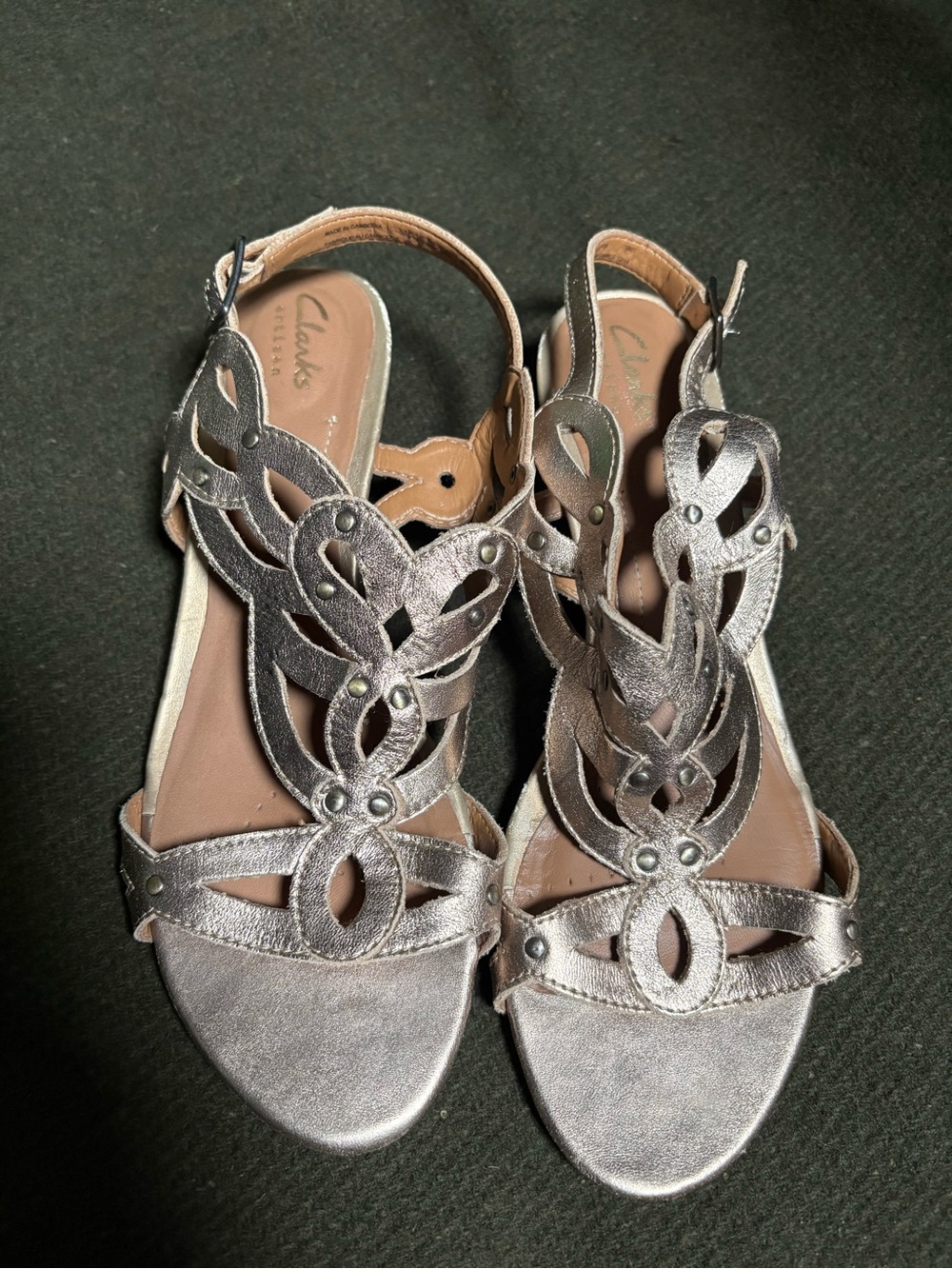 Clarks Metallic Silver Cutout T-Strap Sandals